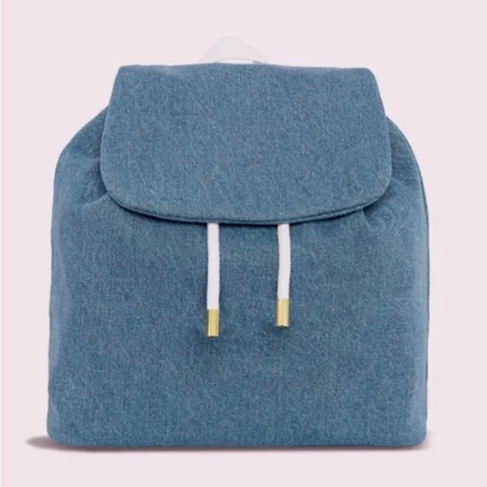 Stoney Clover Lane Blue Wool Backpack with White Drawstrings